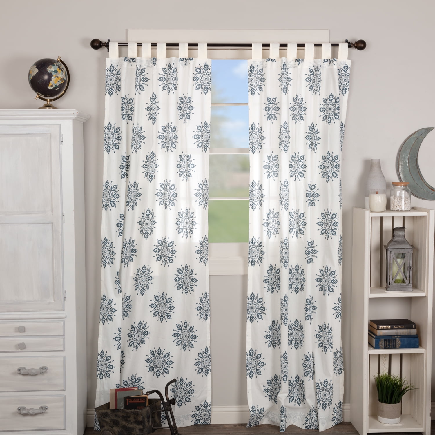 Marshmallow Indigo White Bohemian Curtains Mariposa Tab Top Cotton Tie Back(s) Cambric Medallion