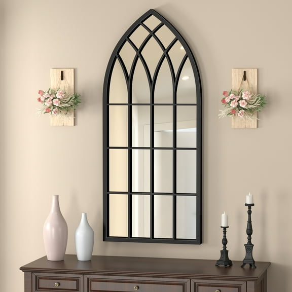 Black Arched Pane Wall Mirror - Large Farmhouse Cathedral Window Mirror for Entryway, Hallway, Bedroom, Living Room 19.69 x 45.28 Inch
