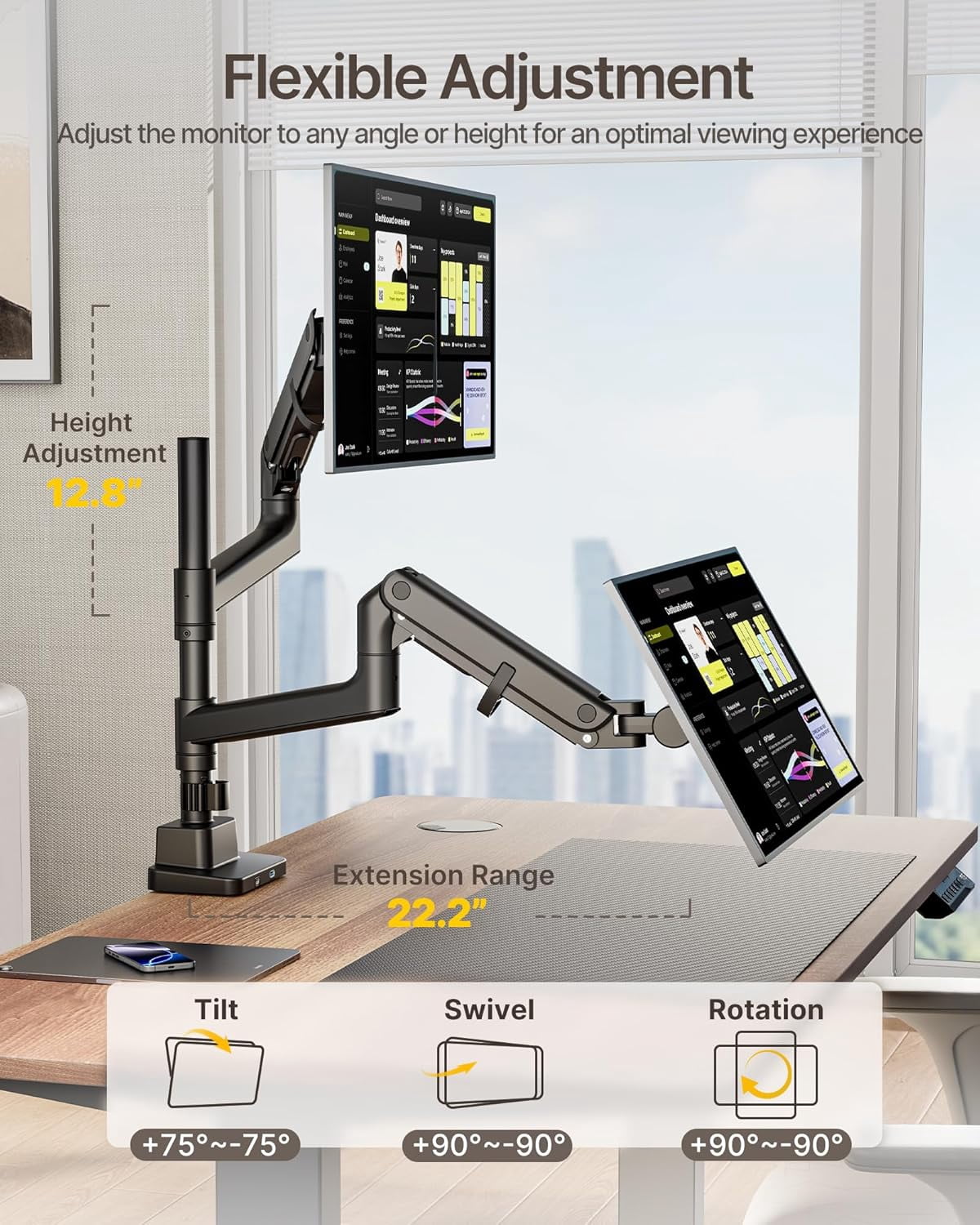 monTEK Dual Monitor Arm for 17–57 in Ultrawide Screens, Heavy Duty Gas Spring Desk Mount Holds 59.4 lb per Screen, Vertical Stackable Adjustable Stand, VESA 75x75/100x100, Clamp & Grommet, Black