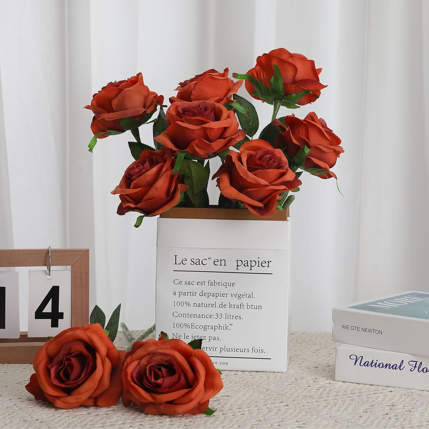 Orange Fake Roses Artificial Flowers - Fake Artificial Roses Silk Flowers with Stems for Home Wedding Hotel Office Centerpiece Decor（Burnt Orange）