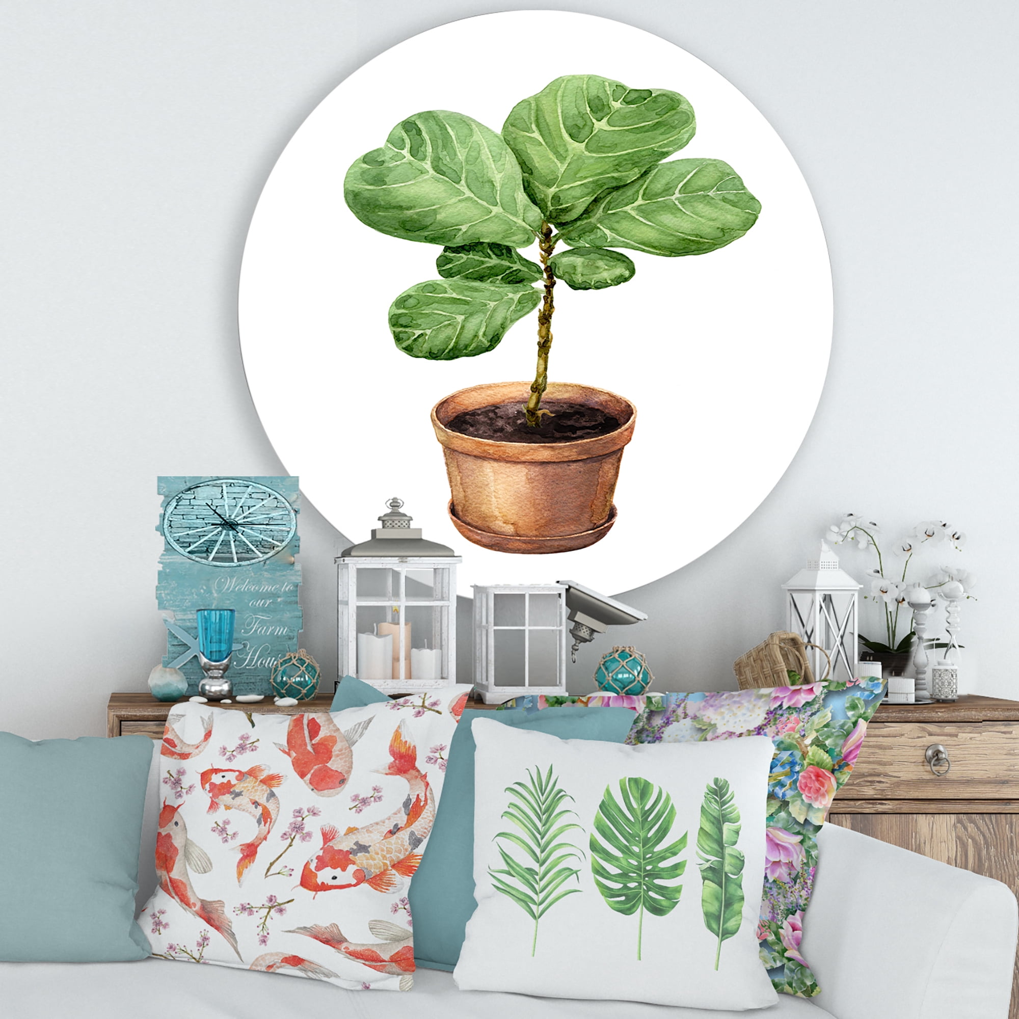 Designart 'Ficus Lyre Plant In Clay Flowerpot' Traditional Circle Metal Wall Art 36x36 - Disc of 36