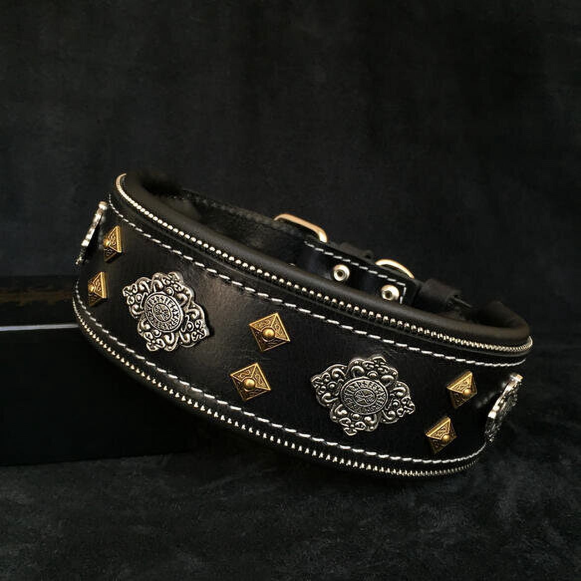 The Bestia "Aztec" Black Leather Dog Collar for Large Dog Breeds