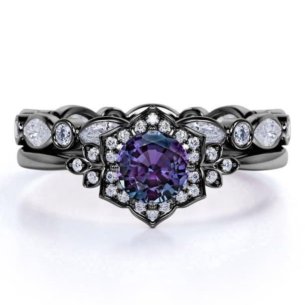 JeenMata Juego de Anillos de Boda de Primavera con Alejandrita y Moissanita de Corte Redondo de 1,5 Quilates Creados en Laboratorio Banda de Eternidad: Oro Negro de 18 K sobre Plata