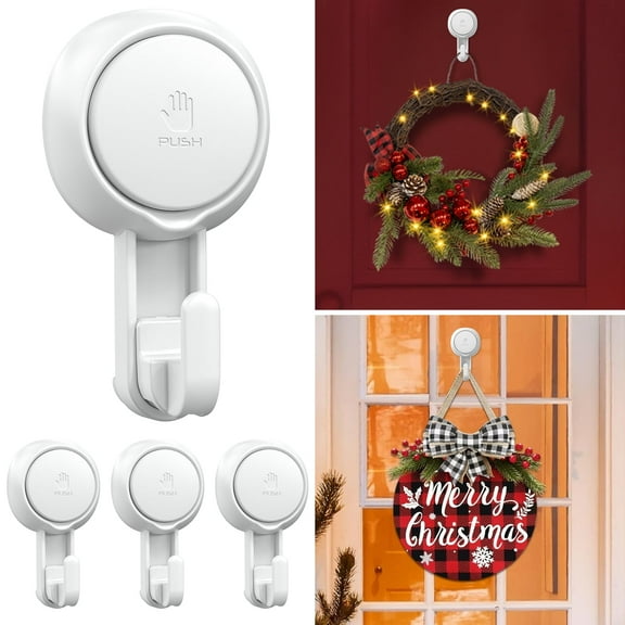 Quntis Suction Cup Hooks, Powerful Vacuum Wreath Hanger - Reusable Removable Waterproof Shower Hooks for for Windows Kitchen Bathroom Christmas Decorations - 4 Pack