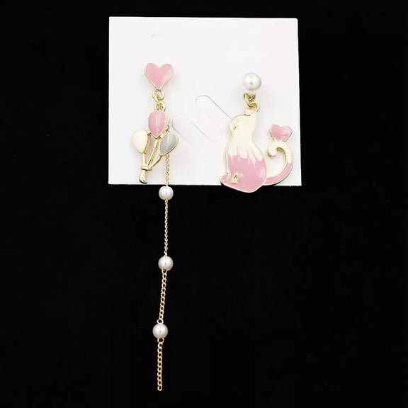 QQTDFG Enamel Heart Balloon Pearl Chain Cat Kitten Eardrop Womens Jewelry Stud Earrings-default
