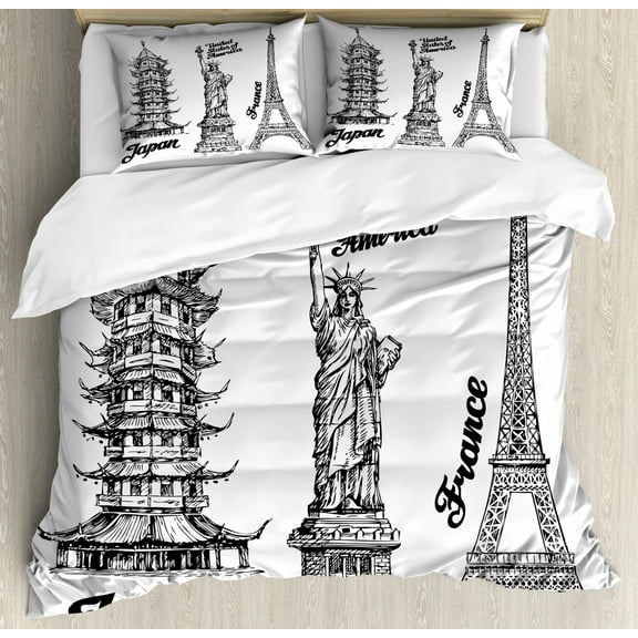 Eiffel Tower Duvet Cover Set, Famous Monuments of Liberty Eiffel Tower Japanese Building Urban, Decorative 3 Piece Bedding Set with 2 Pillow Shams, Queen Size, White Black, by Ambesonne