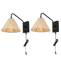 SAFAVIEH Tressa Tungsten Black Metal Wall Sconce with Light Brown Rattan Shade, Set of 2