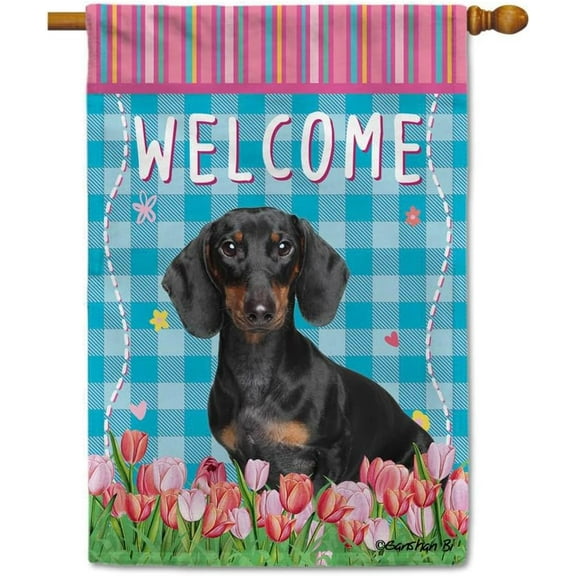 Dog Spring Summer Welcome House Flag Dachshund Tulip Flowers Blue Buffalo Plaid Outside Yard Decor Flag Banner 28X40 Inch Double Side Style 1