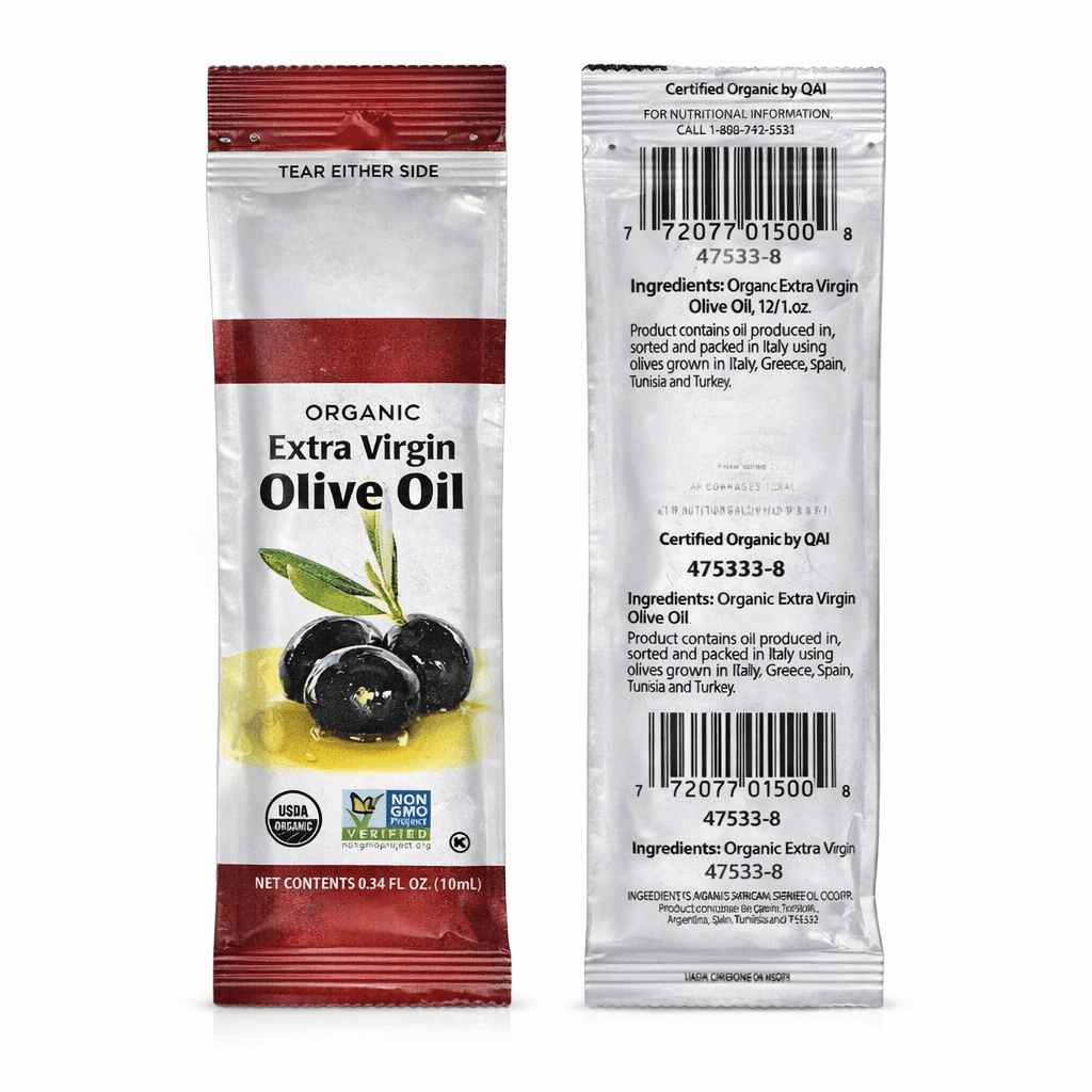 Organic Extra Virgin Olive Oil Packets – 15 Count | Single Serve Portion Control | .375 fl oz Each | Restaurant & Takeout Use