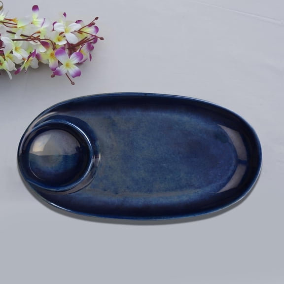 Premium Hand Glazed Ceramic Chip & Dip Platter With Fixed Dip Bowl - Botz Blue, L X B - 28 X 14 Cm, 550 Gm | Starter Serving Platter | Kebab Platter