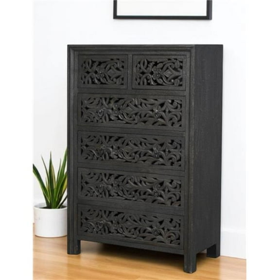 HomeRoots 569591 35 in. Black Carved Floral Solid Wood Six Drawer Dresser