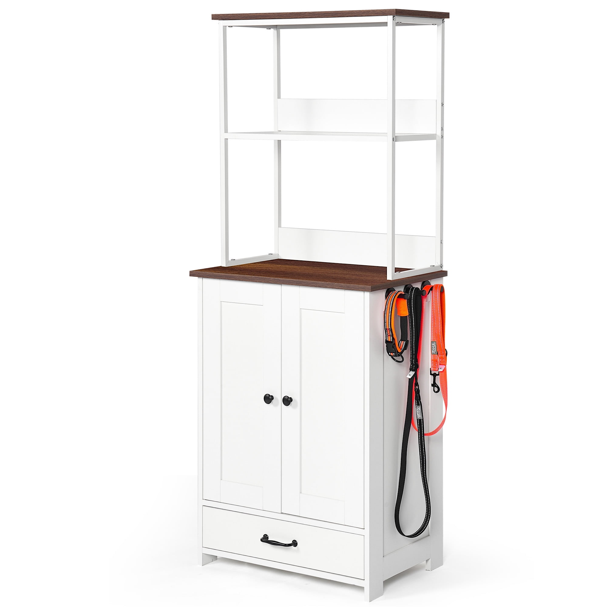 Tall Dog Feeding Station with 2-Level Storage Shelves and 2 Dog Bowls, Pet Feeder Cabinet with Pull-Out Drawer and Side Hooks, Dog Food Organizer for Cats and Dogs, White