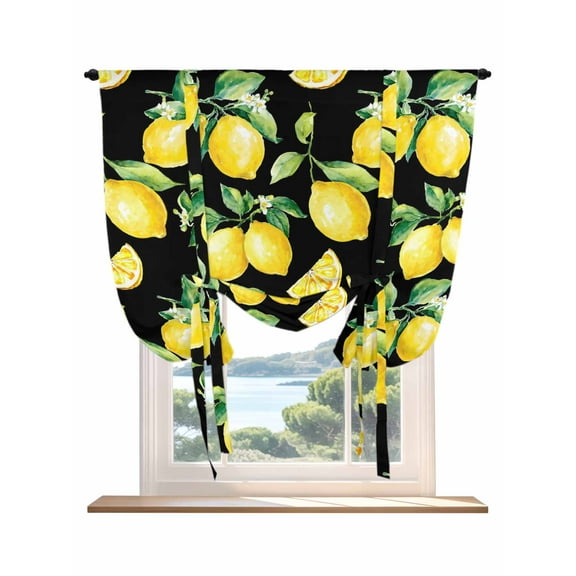 Lemon Black Tie Up Curtains for Windows 45 Inch Length Balloon Curtains Kitchen Adjustable Balloon Window Shade Country Fruit Watercolor Farmhouse Plant Tie Up Valance Bathroom Curtain Window 34"x45"