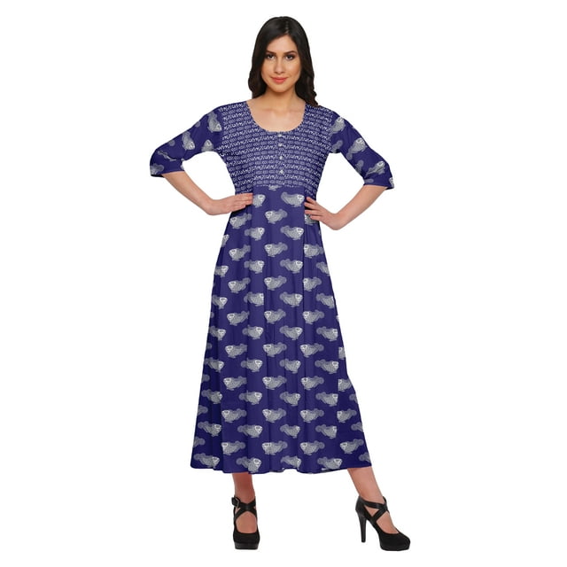 Moomaya Haut Indien Imprimé Robe Kurti Longue Tunique à Manches 3/4 Robes pour Femmes