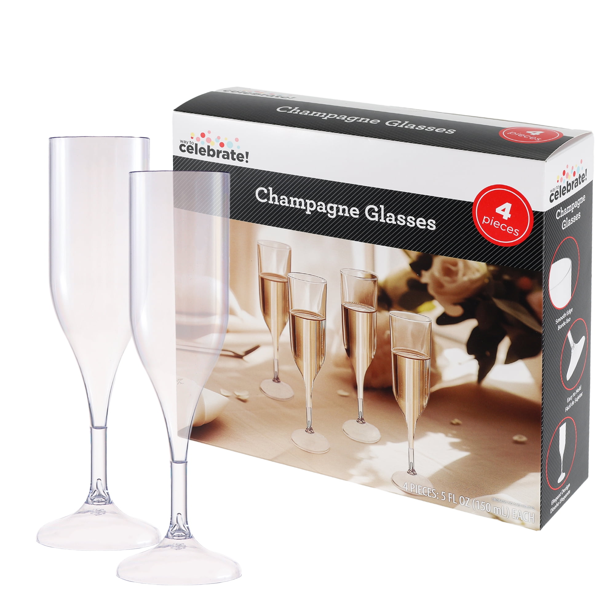 4 Count, 5 FL OZ Clear Plastic Champagne Glasses, by Way To Celebrate
