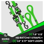 Rhino USA Heavy Duty 1.6 x 8 Ratchet Strap with Safety S Hooks - 5,208lb Break Strength, Green 2pc