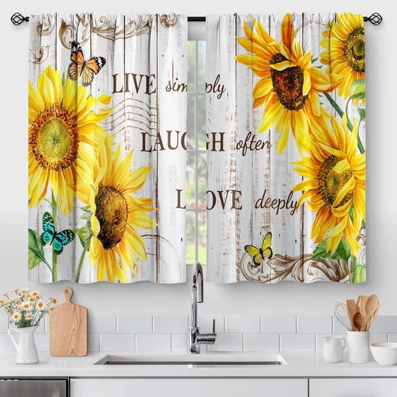 Sunflower Country Floral Kitchen Curtains - Rustic Vintage Flowers Farmhouse Short Cafe Curtains Retro Butterfly Decor for Living Room Window Drapes 36 Inch Length 2 Panels Set