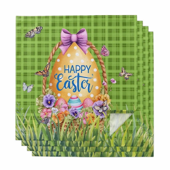 Green Happy Easter Cloth Napkins, Spring Easter Eggs Floral Plaid Washable and Reusable Dinner Napkins Set of 4, Table Napkin for Kitchen Party Birthday Wedding Hotel Housewarming 20"x20"