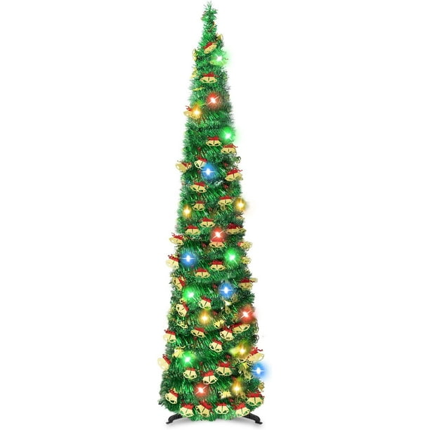 5 FT Pencil Christmas Tree with 50 Colorl Lights, Collapsible Artificial Sequin Pop Up Christmas