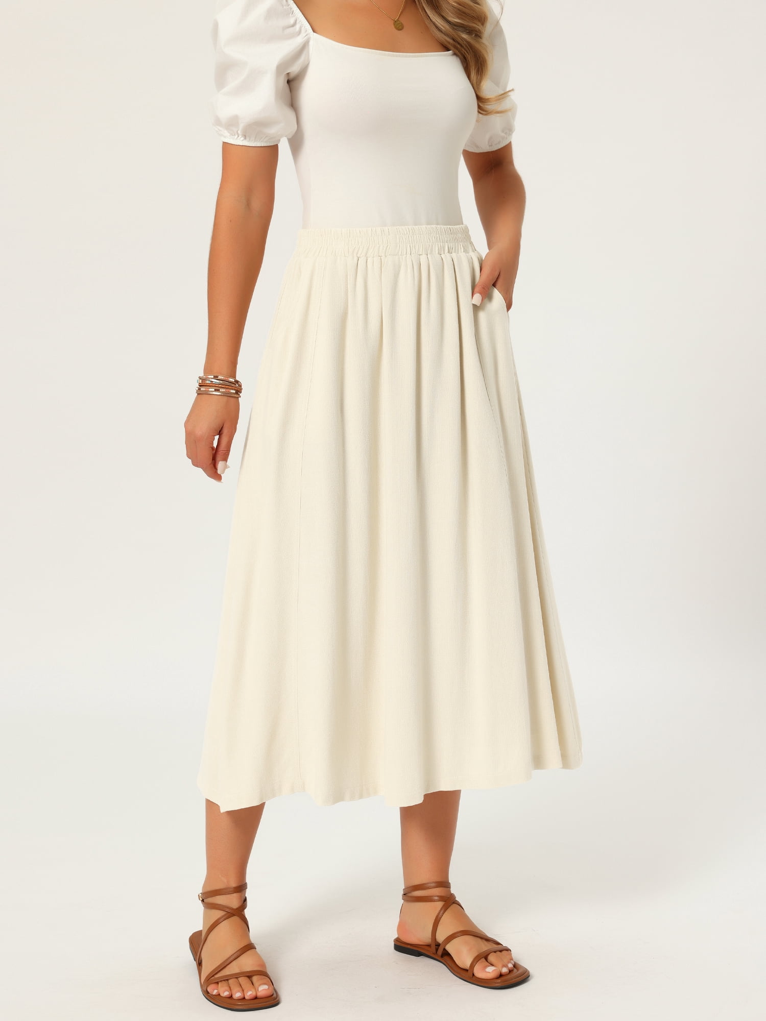 DARING DIVA Women's Flowy High Waist A-Line Midi with Pockets Skirt Medium Beige