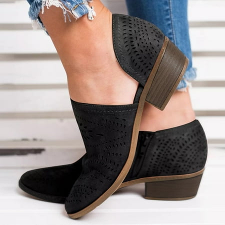 Cathalem Sandals Size 12 in Women Shoes Booties Low Cutout Heel Women Zipper Single Casual Hollow-out Leather Sandals Women Wide Black 7.5