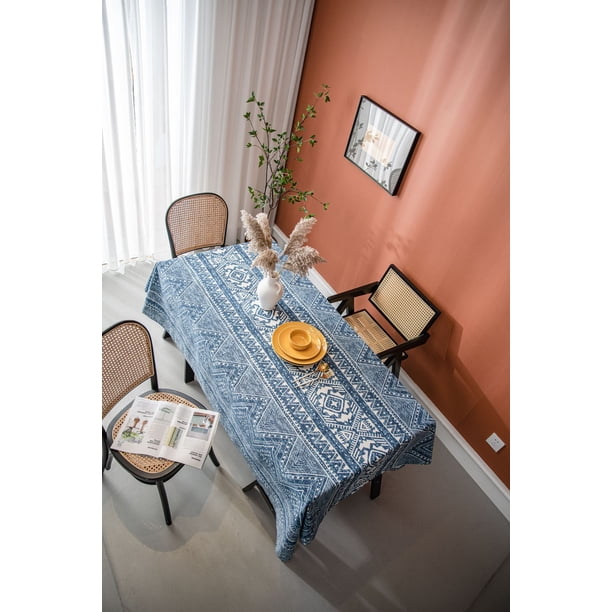 Nvzi Mantel retro estampado de lino y algodón, mantel de tela para restaurante, mantel de comedor, mantel de decoración de escritorio (azul, 220 * 140 cm)