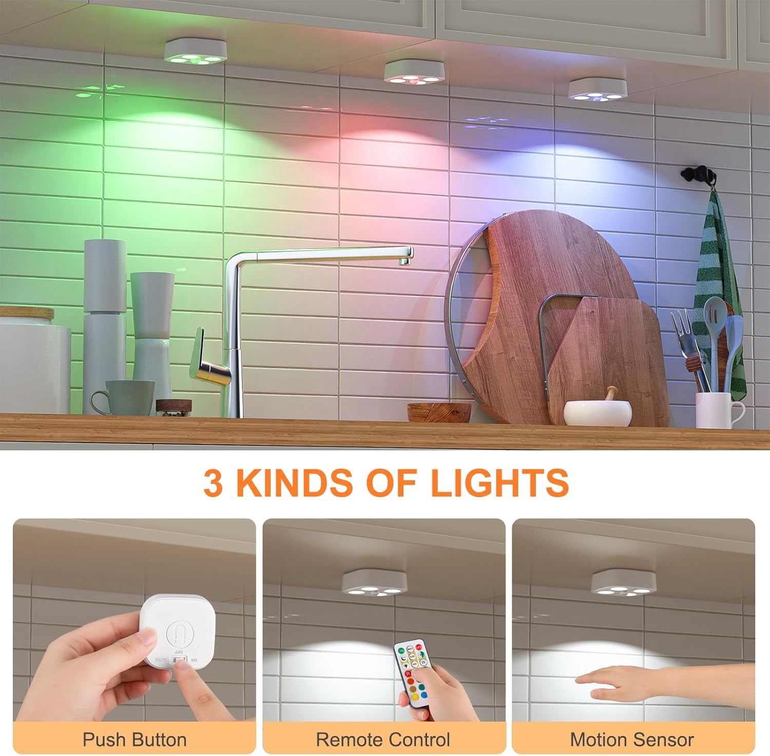 Wireless LED Puck Lights, Motion Sensor Lights Indoor, Rechargeable Stair Lights with Remote Control, 3 RGB Cabinet Lights Change Modes, Suitable for Stairs, under Closet, Bedroom, Kitchen,White