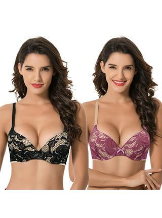 Curve Muse Women's Underwire Plus Size Push Up Add 1 and a Half Cup Lace  Bras-2PK-Lime Cream/Hot Pink,Mauve/Rose Gold-42DD