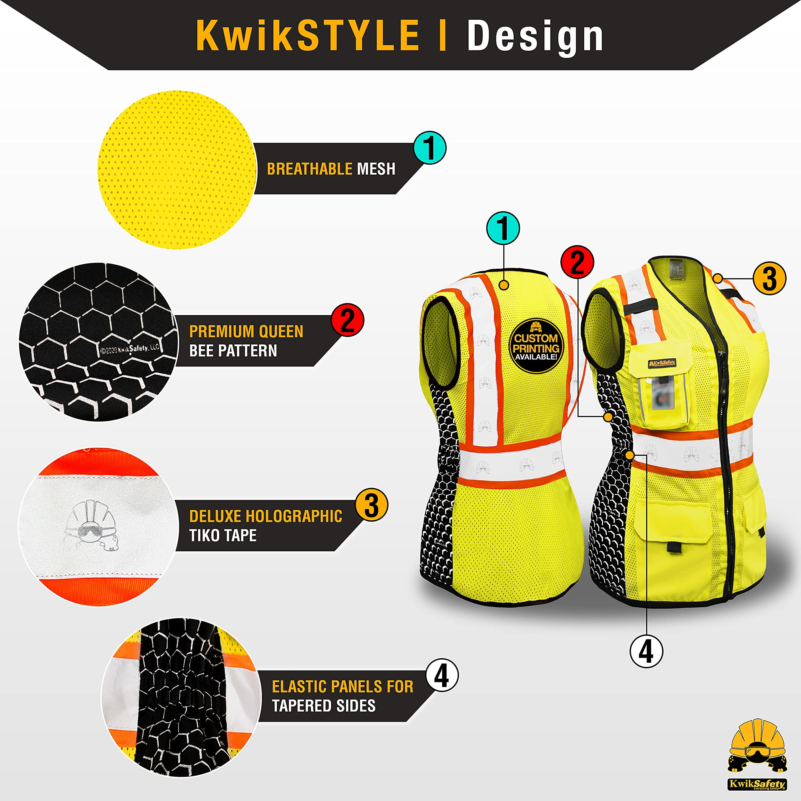 KwikSafety (Charlotte, NC) QUEEN BEE Premium Safety Vest for Women (HONEYCOMB Design) 9 Pockets Class 2 Custom High Visibility ANSI OSHA Reflective Construction Work with Zipper | Yellow Large