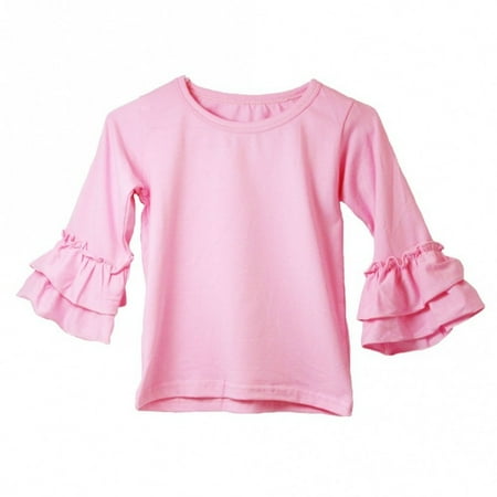 Cotton Stripe Ruffle Shirt - Girls Pink Double Tier Ruffle Sleeved Cotton Spandex Top 12M-7