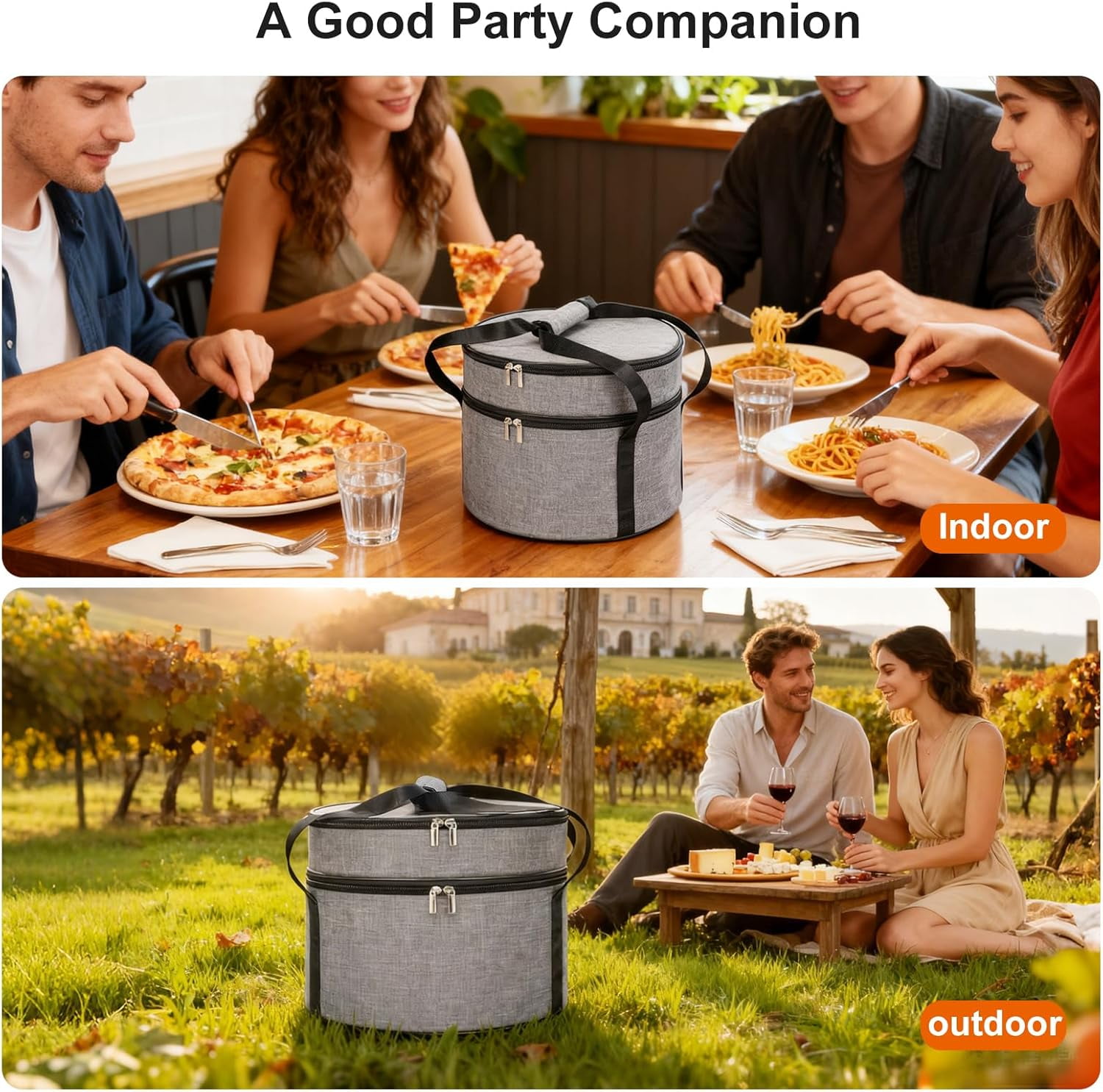 Ming Chen Insulated Casserole Carrier, Round Pie Carrier with Metal Support, Dish Carrier for Hot or Cold Food, Transport Pie Holders Pie Carrying Case, 2 Tiers
