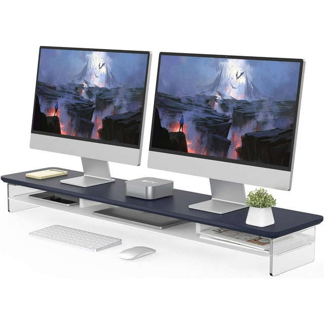 Monitor Stand - Acrylic Dual Monitor Riser . Acrylic Monitor stand with Storage Organizer for Computer Laptop Printer TV Oak