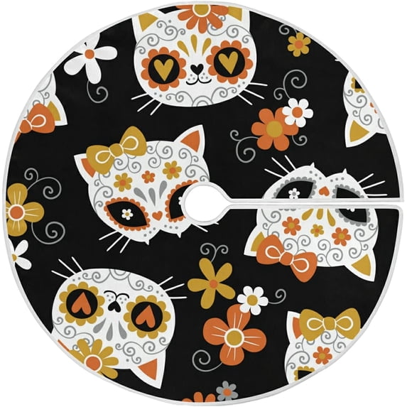FMSHPON Halloween Cute Cat SkullsFlowers Xmas Christmas Tree Skirt Stand Mat for Holiday Party Decoration Indoor Outdoor 36 inches