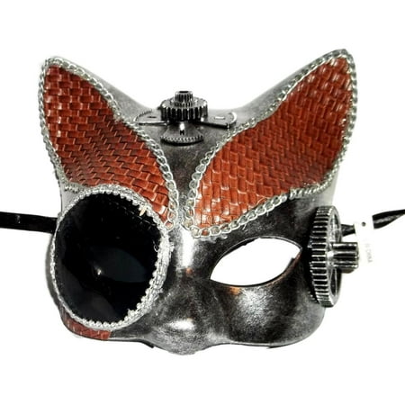 Steampunk Leather Cat Masquerade Mardi Gras Mask Brushed Silver Brown