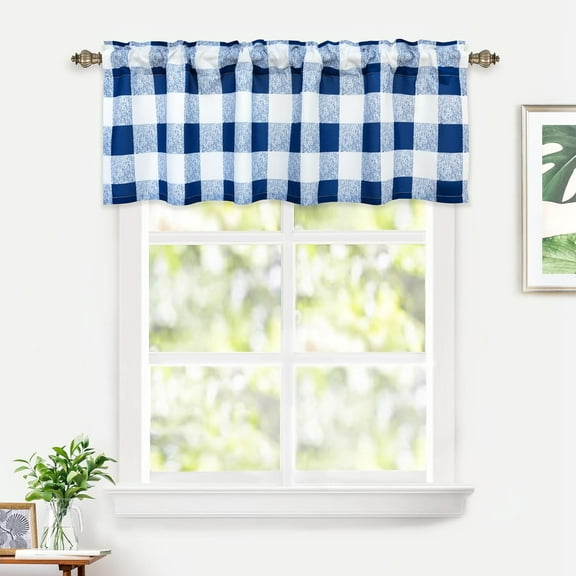 DriftAway Semi Sheer Buffalo Plaid Check Window Valance Curtains Checkered Rod Pocket Valance for Window, Kitchen, Living Room, Bedroom, Farmhouse 1 Pack 52" x16" Navy