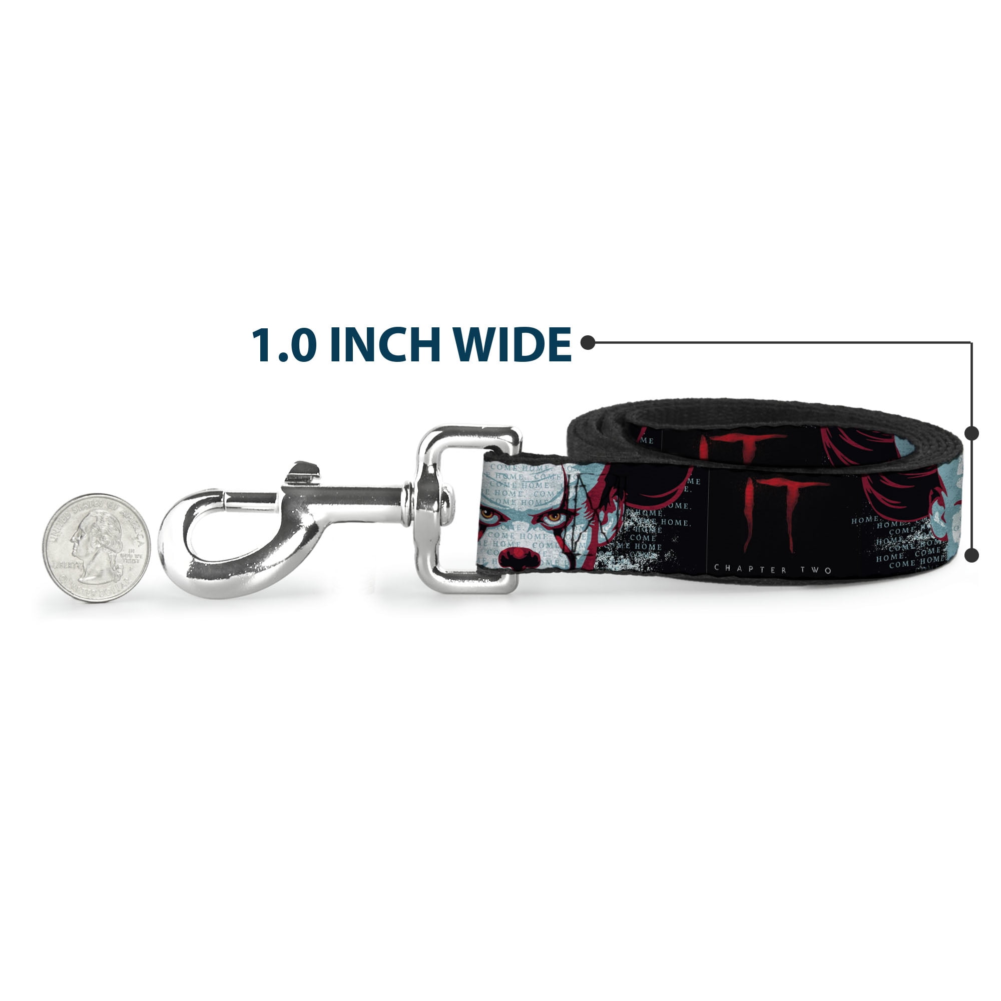 Warner Bros. Horror Movies Pet Leash, Dog Leash, It Chapter Two Pennywise Face Close Up Black Red Blues, 6 Feet Long 1.0 Inch Wide