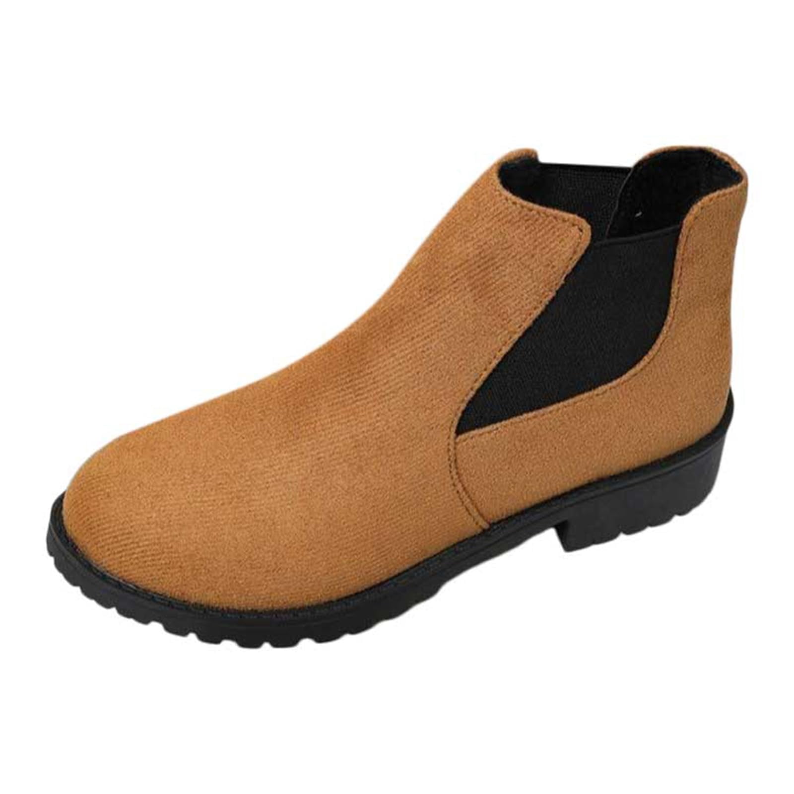 Women's Ankle Boots Chunky Low Heels Booties Slip On Elastic Fall Short Boots Women Round Toe Casual Solid Suede Comfortable Bootie Outdoor Non-Slip Hiking Riding Boot Walking Shoes Earthy Yellow