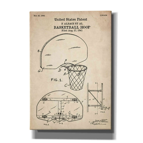 Epic Graffiti "Basketball Hoop Blueprint Patent Parchment" Giclee Canvas Wall Art, 18"x26"