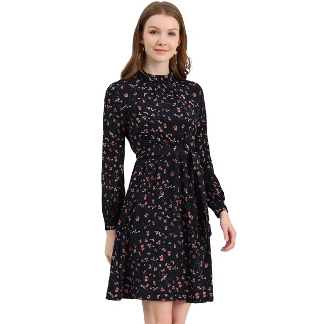 Vestido Floral Allegra K Manga Larga Azul oscuro L para Mujer