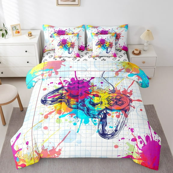 Erosebridal Gamepad Print Bed in a Bag Twin size, Cartoon Gaming Bedding Twin Size, Modern Watercolor Reversible Bed Set, Ultra Soft Room Decorative, 7pcs