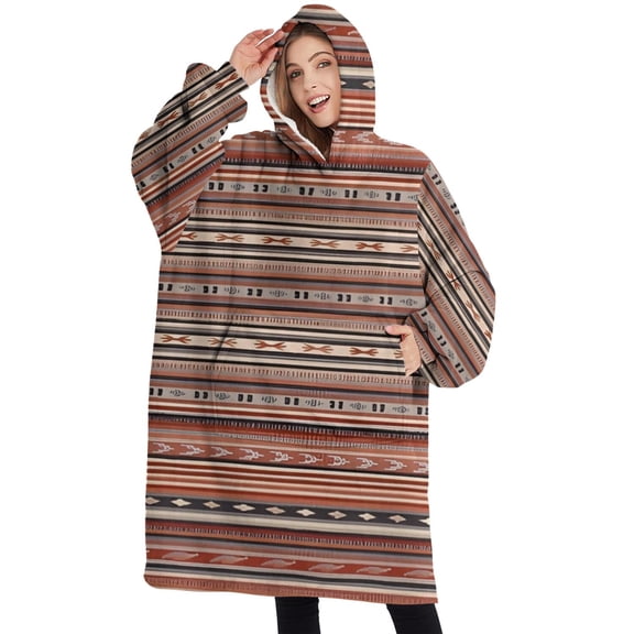 Oversized Wearable Blanket Hoodie,Boho Red Striped Ethnic Pattern Sherpa Blanket Hoodie with Super Pockets,Super Warm Fuzzy Pullover for Women & Men
