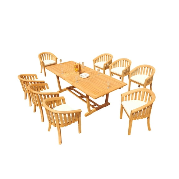 Grade-A Teak Dining Set: 8 Seater 9 Pc: 94" Mas Rectangle Trestle Leg Table And 8 Lenong Arm Chairs Outdoor Patio WholesaleTeak #51LN2109