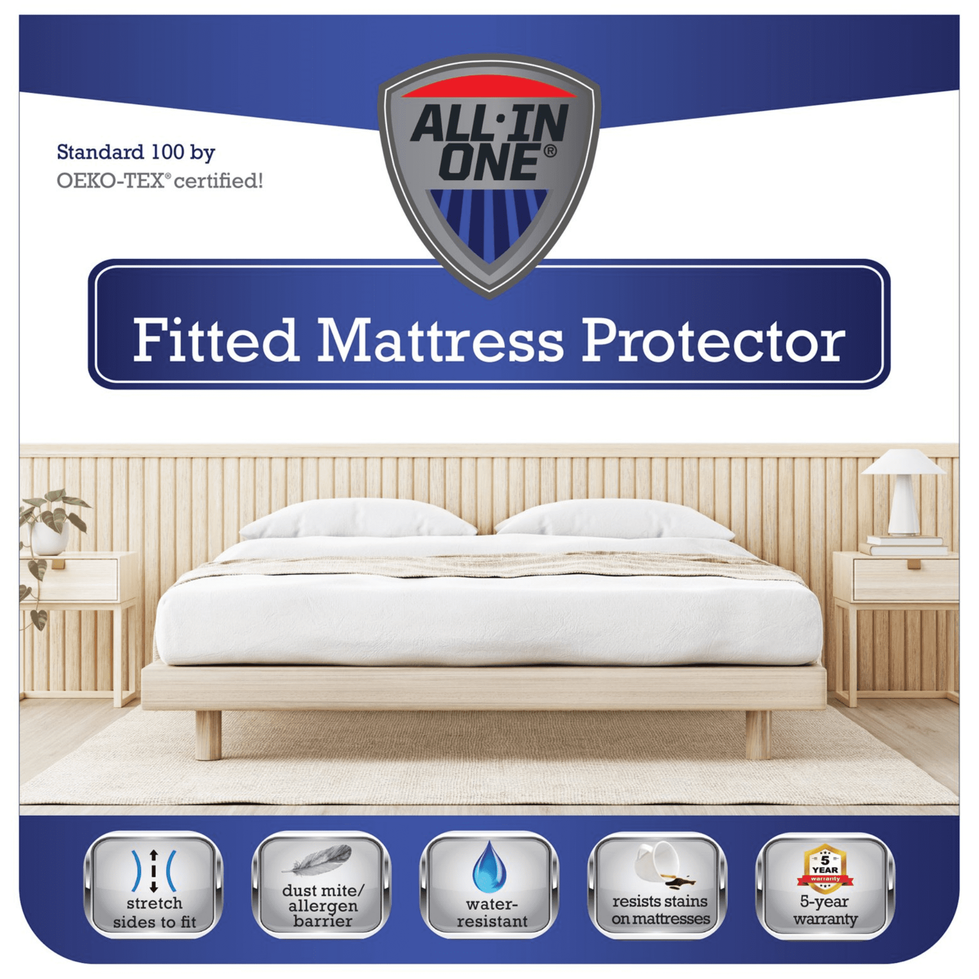 AllinOne Waterproof Fitted Mattress Protector, Queen