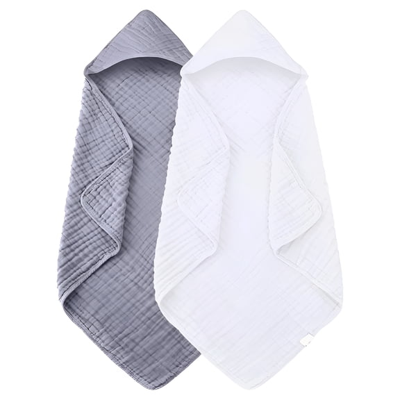 AUQ 2 Pack Hooded Baby Towels Muslin Cotton for Newborns,Infants,Toddlers Large 31*31"Highly Absorbent And Essential Baby Towels for Newborn,White Grey