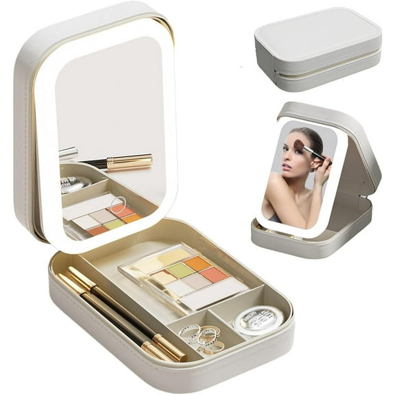 GoXteam Travel Makeup Bag With LED Mirror, Travel Makeup Case with LED Mirror, Portable Makeup Box with Mirror and Light, Gift For Girl Women (White)