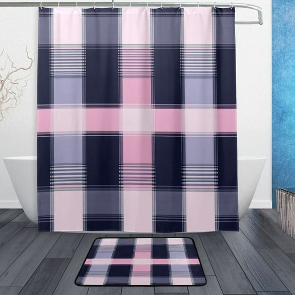 Bath Curtain & Non-Slip Bath Mat Set 12-Grommet Shower Curtain Memory Foam Bath Rug Pink and Navy Blue Lattice