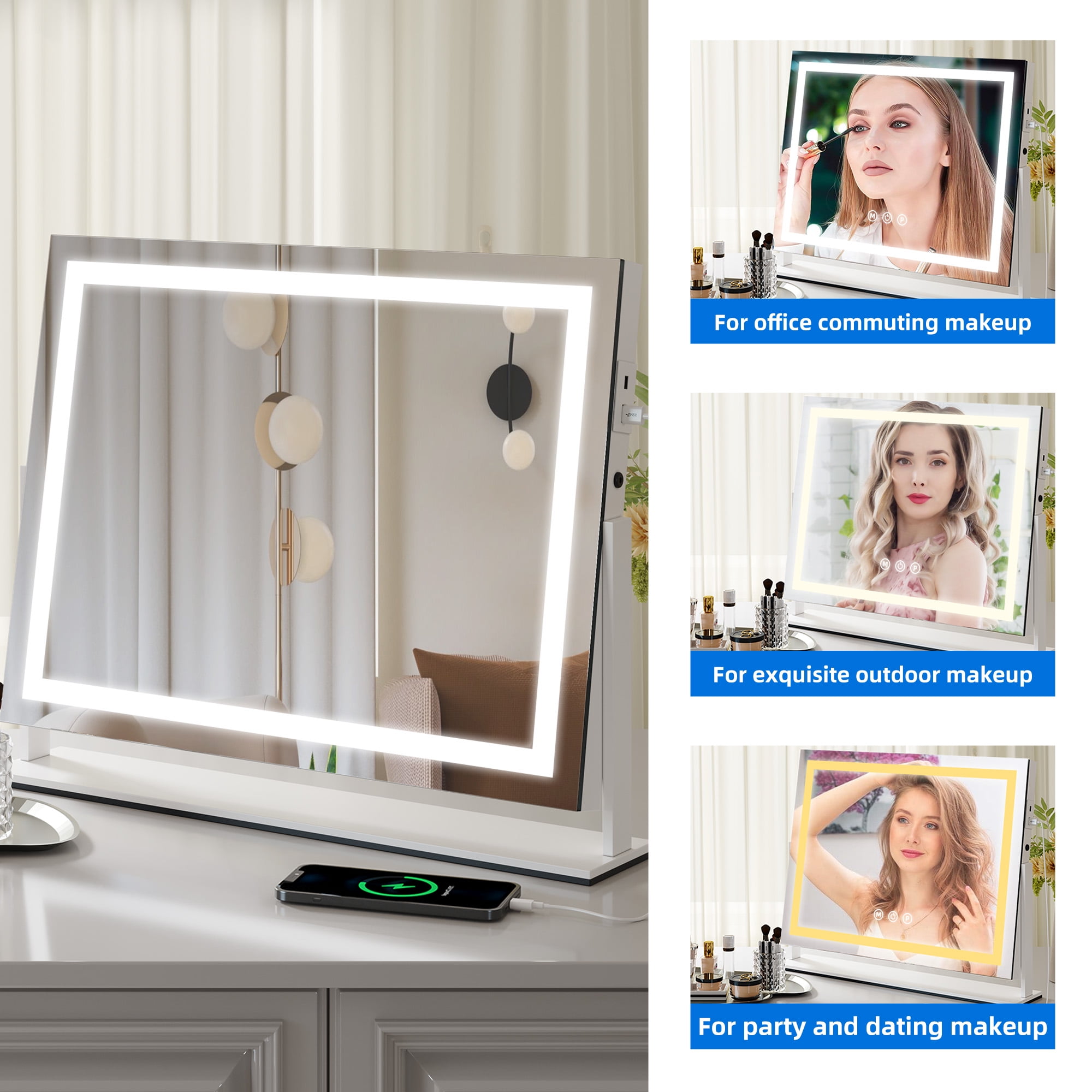 Dextrus Vanity Mirror with Lights, 24.6" x 22.8" LED Makeup Mirror with USB Ports & 10X Magnification, 3 Color Lights Touch Control, Tabletop or Wall Mount , 360°Rotation