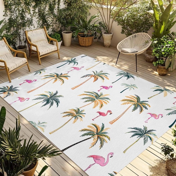 Palm Trees Outdoor Rug 6x9 Ft - Reversible Patio Rug Outdoor Camping Rugs, Watercolor Tropical Flamingo Summer Washable Indoor Outdoor Area Rugs, Non-Slip Outdoor Carpet Runner for Deck/Porch