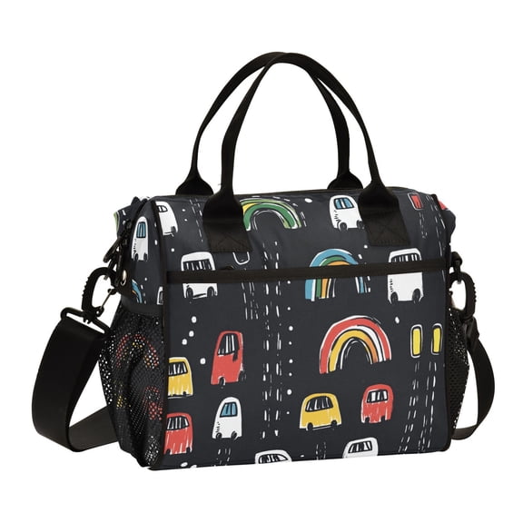 Ckdifva Cars Doodle Cooler Bag Cooler Cooling Tote Lunch Bag Lunch Box Front Pocket with Shoulder Strap
