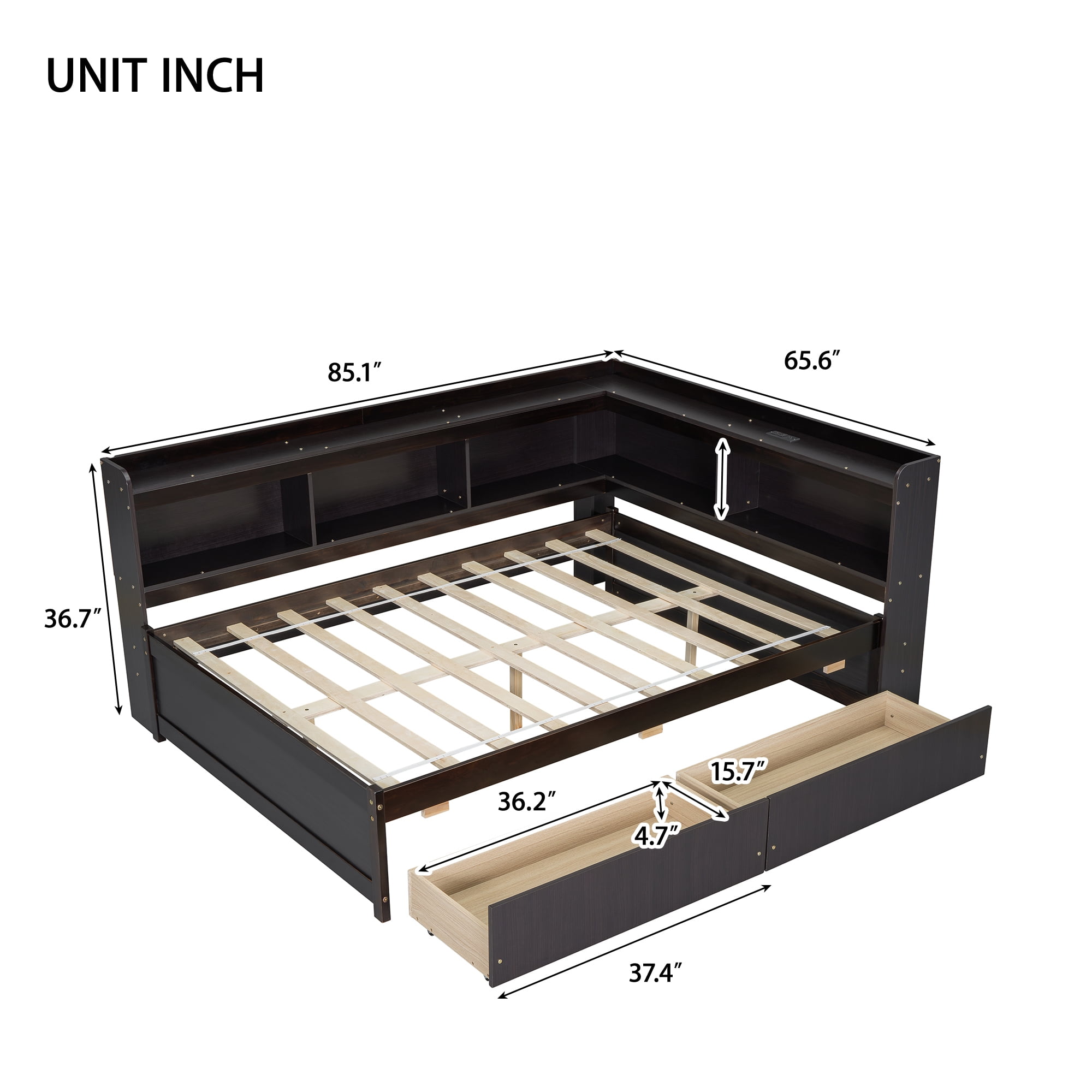 Leumius Full Size L-shaped Bookcases Bed with Power Outlets, USB Charging Ports,Two Drawers for Boys Girls Espresso